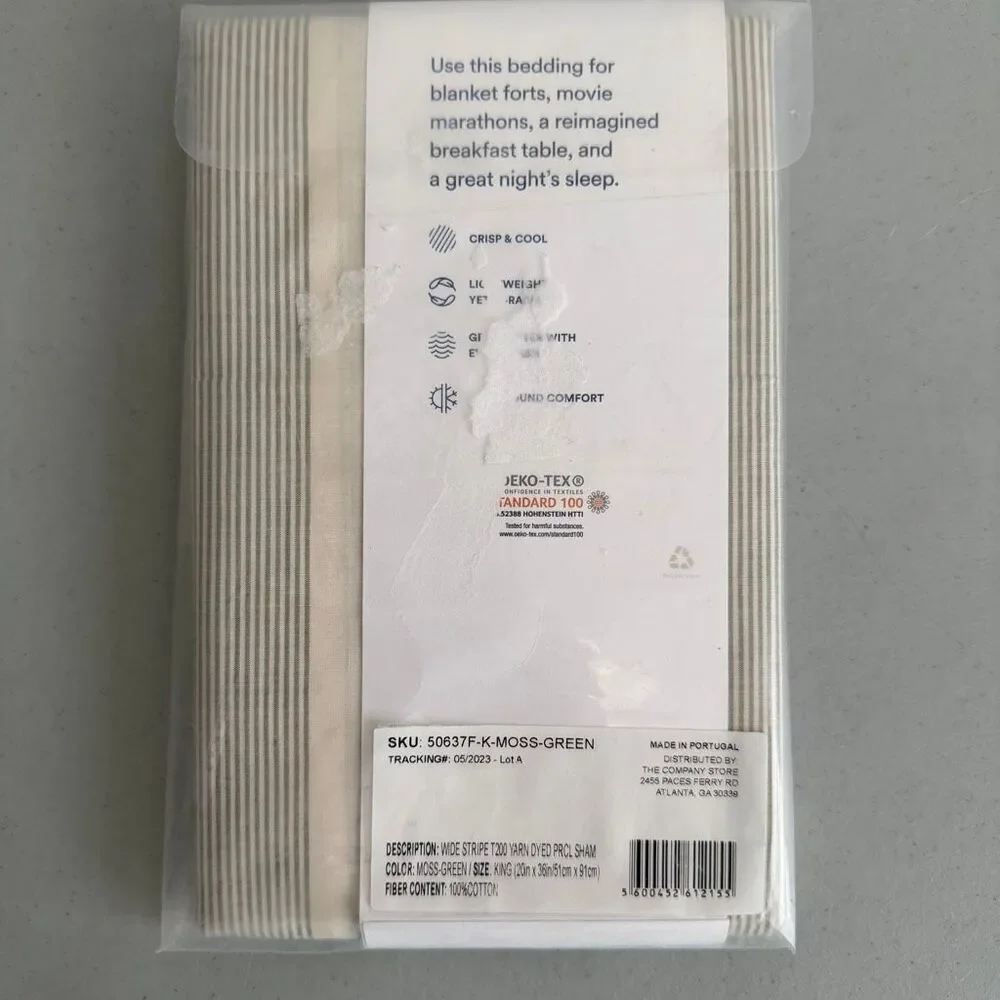 The Company Store NWT Moss Green Wide Stripes 100% Cotton Percale Sham- King